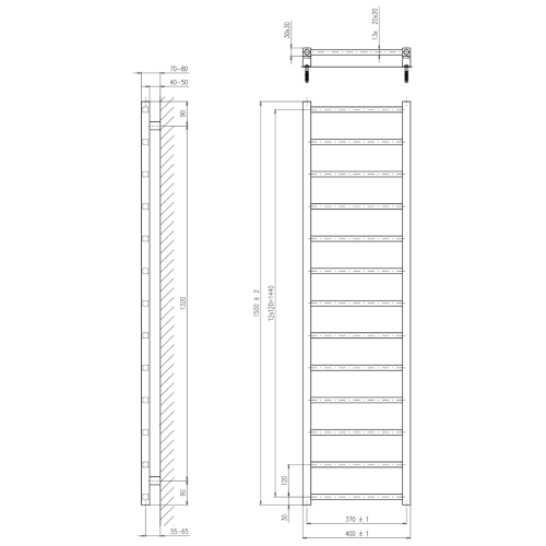 Grzejnik łazienkowy 400 x 1500 mm czarny mat 323 W METRO LIGHT IR447TB Sapho rysunek techniczny