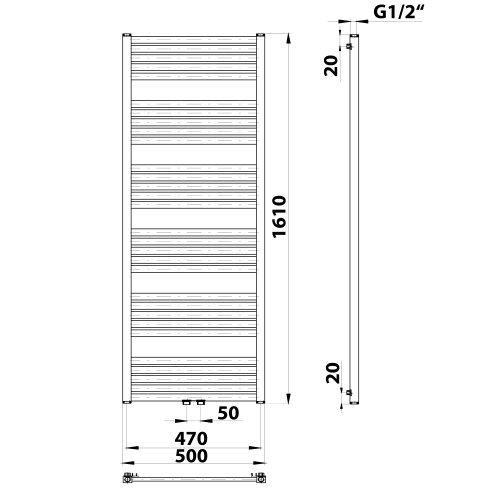Grzejnik łazienkowy 500 x 1610 mm czarny mat 776 W GRUNT 600.123.6 BRUCKNER rysunek techniczny