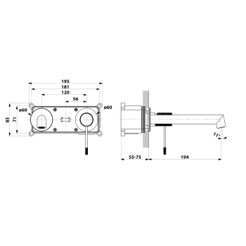 Bateria umywalkowa podtynkowa chrom/czarny mat SOLARIS WD008CB Sapho rysunek techniczny