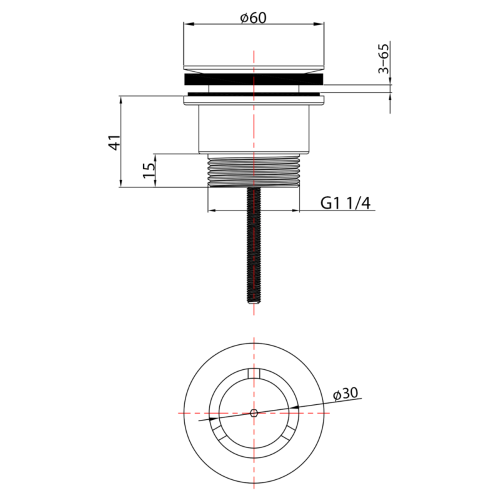 Korek do umywalek niezamykany uniwersalny wys. 3 - 65 mm chrom CV2005 rysunek techniczny