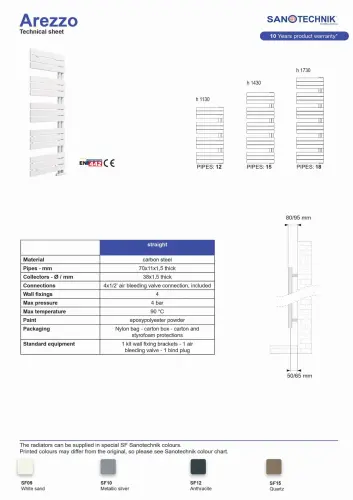 Grzejnik łazienkowy 600 x 1200 mm biały 574 W AREZZO AL113 Sanotechnik rysunek techniczny