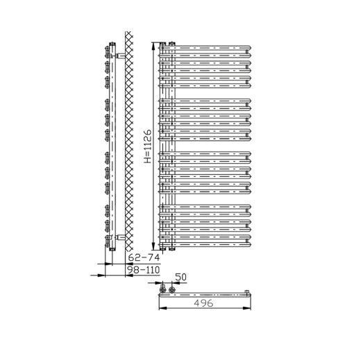 Grzejnik łazienkowy 496 x 1126 mm biały 529 W TUBINI DC300T Aqualine rysunek techniczny
