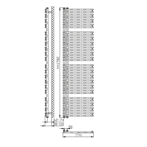Grzejnik łazienkowy 596 x 1782 mm biały 1001 W TUBINI DC330T Aqualine rysunek techniczny
