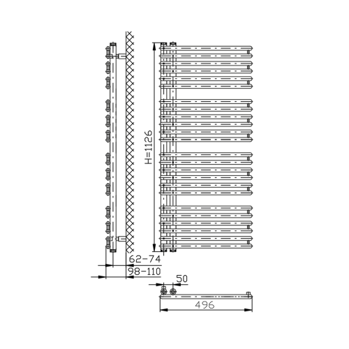 Grzejnik łazienkowy 496 x 1126 mm antracyt 529 W TUBINI DC305T Aqualine rysunek techniczny