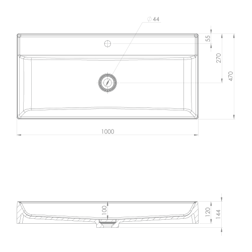 Umywalka kompozytowa z pokrywą odpływu 100 x 47cm TWIG biała TW100 Sapho rysunek techniczny