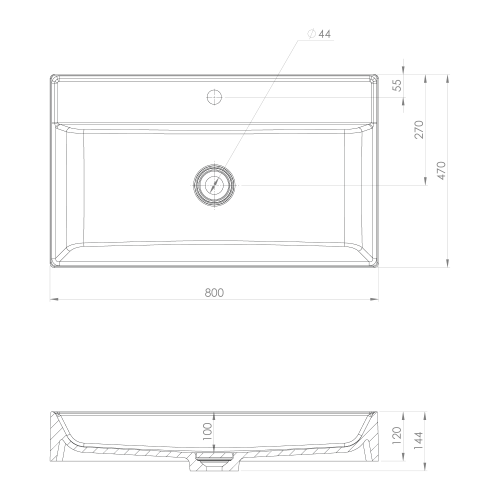Umywalka kompozytowa z pokrywą odpływu 80 x 47cm TWIG biała TW080 Sapho rysunek techniczny