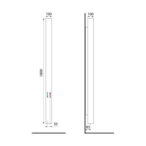Grzejnik łazienkowy 100 x 1800 mm biały mat 365 W CUBIQ LQ284 Sapho  rysunek techniczny