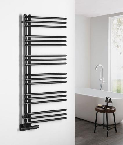 Grzejnik łazienkowy 450 x 1140 mm czarny mat 379 W POSEIDON PS411B Aqualine na ścianie