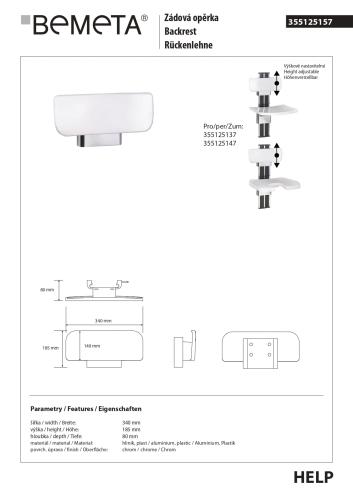 Oparcie do siedziska prysznicowego HELP 355125157 Bemeta rysunek techniczny