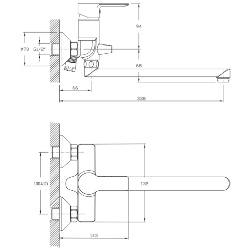 Bateria wannowa ścienna z obrotową wylewką chrom BARON 612.035.1 Bruckner  rysunek techniczny
