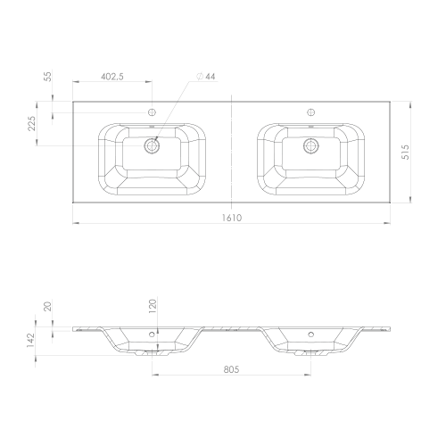 Umywalka kompozytowa podwójna 161 x 51,5 cm ARECA AC161 Sapho rysunek techniczny