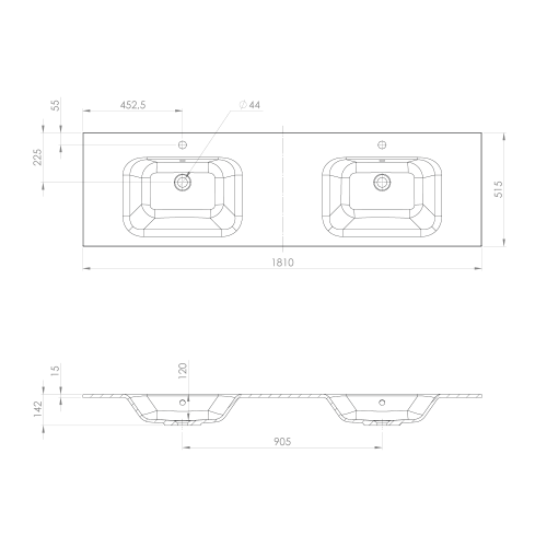 Umywalka kompozytowa podwójna 181 x 51,5 cm ARECA AC181 Sapho rysunek techniczny