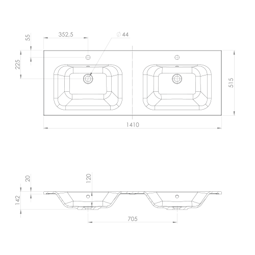 Umywalka kompozytowa podwójna 141 x 51,5 cm ARECA AC141 Sapho rysunek techniczny
