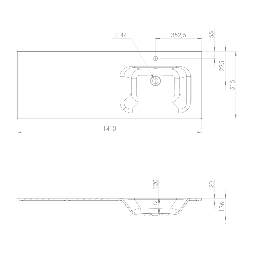 Umywalka kompozytowa prawa 141 x 51,5 cm ARECA AC141R Sapho rysunek techniczny