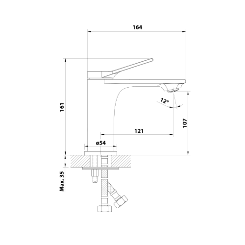 Bateria umywalkowa bez odpływu chrom BOLERO BC002 Aqualine rysunek techniczny