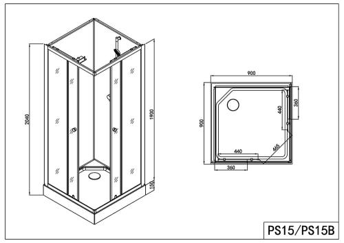 Kabina prysznicowa wolnostojąca kwadratowa 90 x 90 x 203 cm FORTE 2PS15 Sanotechnik rysunek techniczny
