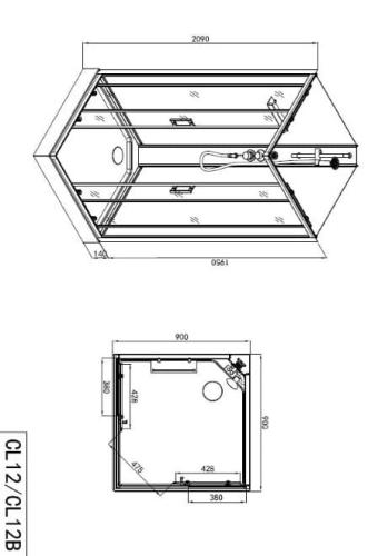 Kabina prysznicowa kwadratowa wolnostojąca czterościenna 90 x 90 x 210 cm Denver CL12 Sanotechnik rysunek techniczny