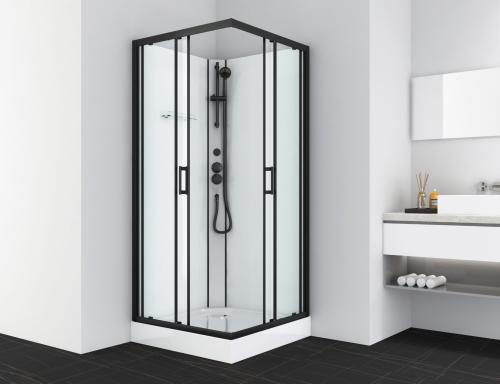 Kabina prysznicowa kwadratowa wolnostojąca czterościenna 90 x 90 x 210 cm czarny Denver CL12B Sanotechnik wizualizacja