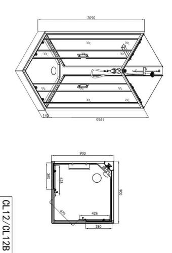 Kabina prysznicowa kwadratowa wolnostojąca czterościenna 90 x 90 x 210 cm czarny Denver CL12B Sanotechnik rysunek techniczny