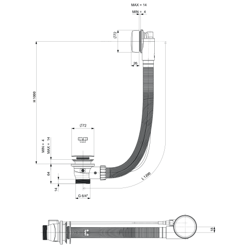 Syfon automatyczny do wanny 1200 mm korek 72 mm biały 71856.10 Polysan rysunek techniczny