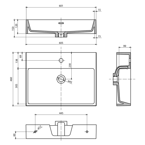 Umywalka kompozytowa nablatowa 60 x 46 cm biały AQUATIC AT060 Sapho rysunek techniczny