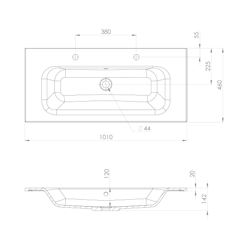Umywalka kompozytowa meblowa 101 x 46 cm czarny mat SIDRA SD101B-2 Sapho rysunek techniczny