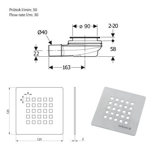 Syfon do brodzika prysznicowego 90 mm DN40 beżowy mat TRENECA 84999.81 Polysan rysunek techniczny