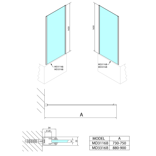 DEEP BLACK Ścianka prysznicowa boczna 90x165cm MD3316B Polysan  rysunek techniczny