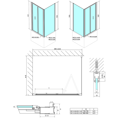 DEEP BLACK Kabina prysznicowa narożna prostokątna 100 x 90 x 165 cm MD1910BMD3316B Polysan rysunek techniczny