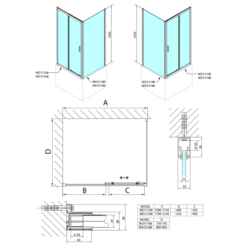 DEEP BLACK Kabina prysznicowa narożna prostokątna 120 x 90 x 165 cm MD1216BMD3316B Polysan  rysunek techniczny