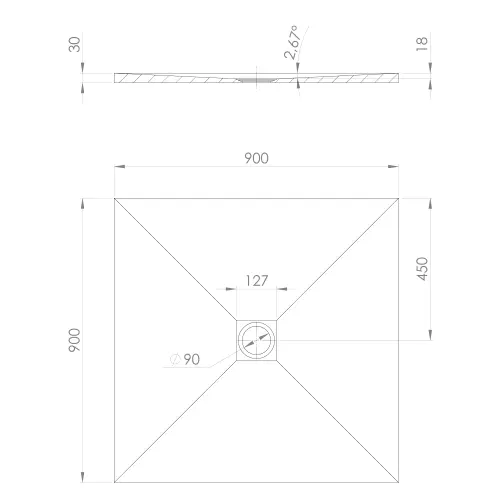 Brodzik prysznicowy kwadratowy kompozytowy 90 x 90 cm biały mat TRENECA 84300.11 Polysan  rysunek techniczny