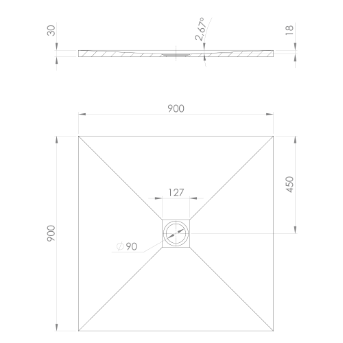 Brodzik prysznicowy kwadratowy kompozytowy 90 x 90 cm czarny mat TRENECA 84300.21 Polysan rysunek techniczny