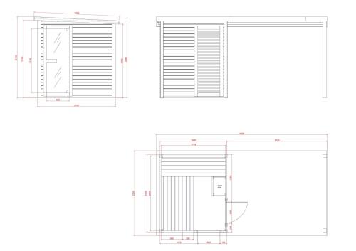 Sauna zewnętrzna ogrodowa 4 osobowa sucha Fińska świerk  RAUMA F30460 Sanotechnik Rysunek techniczny i wymiary