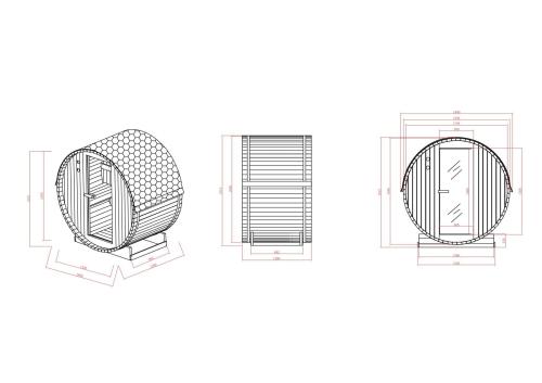 Sauna zewnętrzna ogrodowa 2 osobowa sucha Fińska w kształcie beczki świerk TROMSÖ M F50120 Sanotechnik Rysunek techniczny i wymiary