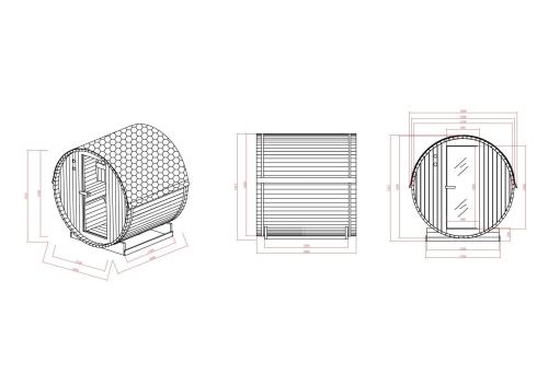 Sauna zewnętrzna ogrodowa 4 osobowa sucha Fińska w kształcie beczki świerk TROMSÖ L F50180 Sanotechnik Rysunek techniczny i wymiary