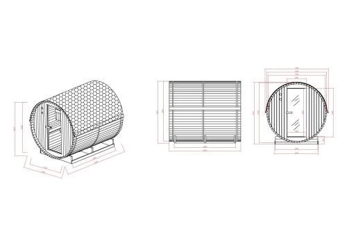 F50220-DRAWING.jpgSauna zewnętrzna ogrodowa 6 osobowa sucha Fińska w kształcie beczki świerk TROMSÖ XL F50220 Sanotechnik Rysunek techniczny