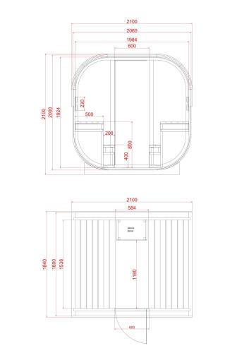 Sauna zewnętrzna ogrodowa 6 osobowa sucha Fińska beczka świerk HANKO F60180 Sanotechnik Rysunek techniczny i wymiary
