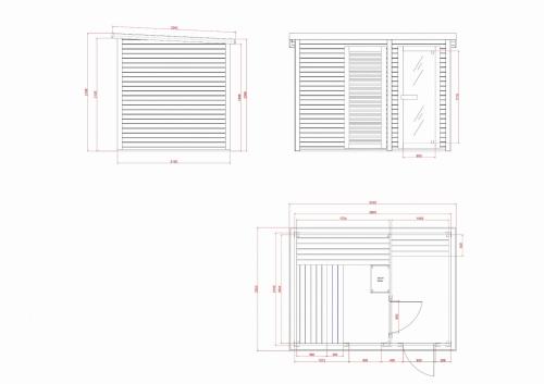 Sauna zewnętrzna ogrodowa 4 osobowa sucha Fińska świerk  VAASA F30310 Sanotechnik Rysunek techniczny i wymiary