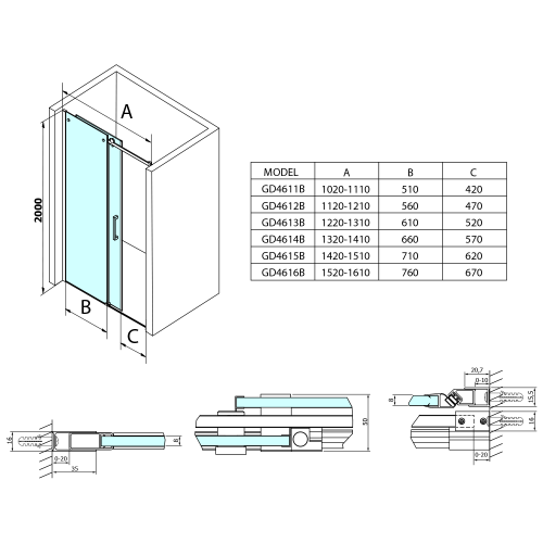 Drzwi prysznicowe do wnęki przesuwne 160 x 200 cm DRAGON BLACK GD4616B Gelco rysunek techniczny