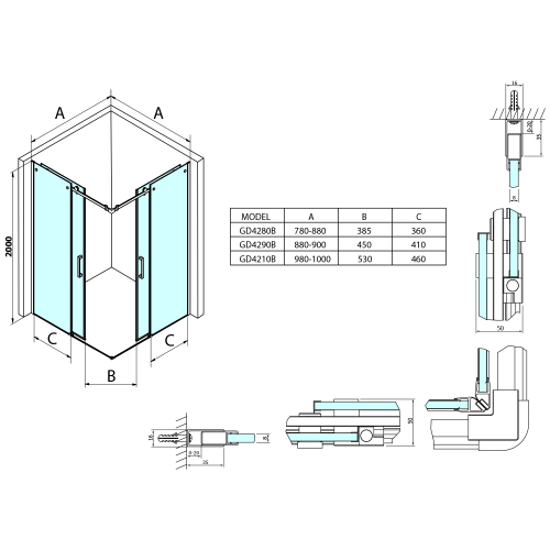 Kabina prysznicowa narożna kwadratowa 90x90x200 cm DRAGON BLACK GD4290B-01 Gelco rysunek techniczny
