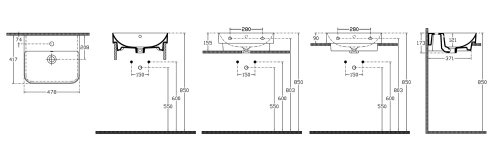 Umywalka ceramiczna wpuszczana w blat 48 x 42 biały SOTT AQUA 10SQ50048 ISVEA rysunek techniczny