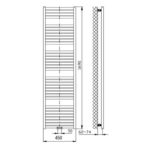 Grzejnik łazienkowy 450 x 1690 mm czarny mat 716 W TONDI DT446T Aqualine rysunek techniczny