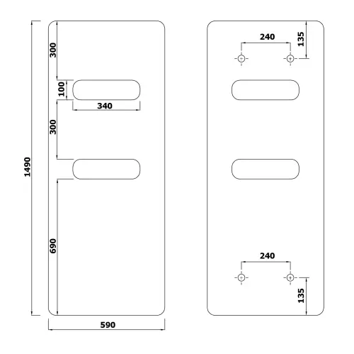 Grzejnik łazienkowy 590 x 1490 mm czarny mat 827 W TABELLA OPEN MI1457 Sapho rysunek techniczny