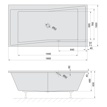 Wanna akrylowa prostokątna 190x100 cm biały QUEST 78531 Polysan rysunek techniczny