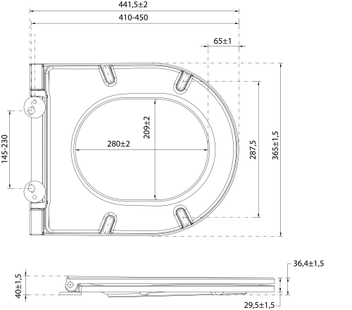 Deska WC wolnoopadająca biały mat INFINITY 40KF0201I-S Isvea  rysunek techniczny