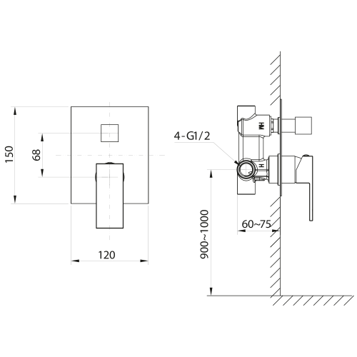 Bateria prysznicowa podtynkowa 2 wyjścia złoty mat CUBEMIX CM042GB Sapho rysunek techniczny