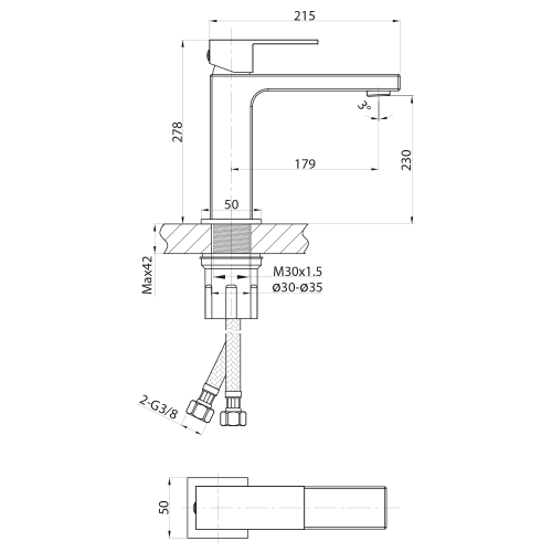 Bateria umywalkowa stojąca wysoka chrom CUBEMIX CM006 Sapho rysunek technicznyy