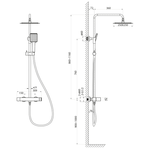 Zestaw prysznicowy czarny mat CUBEMIX CM139B Sapho rysunek techniczny