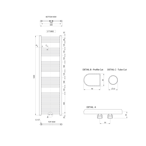 Grzejnik łazienkowy 600 x 1600 mm chrom 548 W podłączenie środkowe ALYA LLS305 Aqualine rysunek techniczny