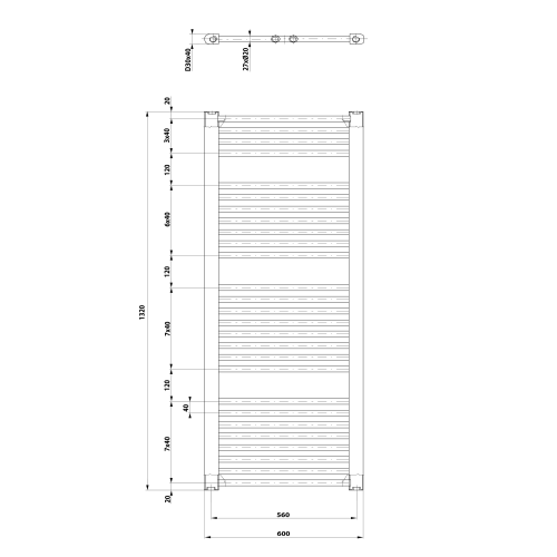 Grzejnik łazienkowy 600 x 1320 mm biały 795 W DIRECT ILR36T Aqualine rysunek techniczny